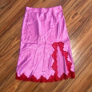 J crew pink satin slip skirt red lace slit size small